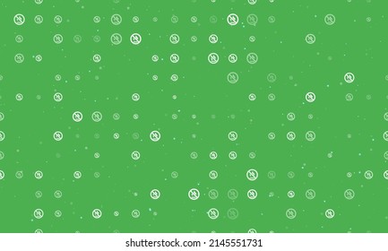 Seamless background pattern of evenly spaced white no gas symbols of different sizes and opacity. Vector illustration on green background with stars