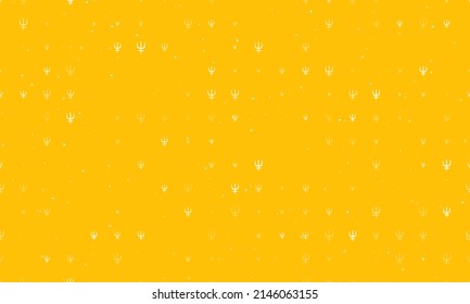 Seamless background pattern of evenly spaced white astrological neptune symbols of different sizes and opacity. Vector illustration on amber background with stars