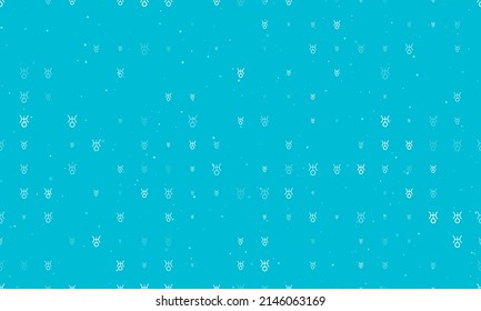 Seamless background pattern of evenly spaced white astrological uranus symbols of different sizes and opacity. Vector illustration on cyan background with stars