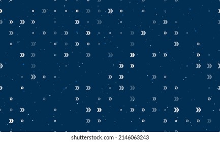 Seamless Background Pattern Of Evenly Spaced White Double Arrow Symbols Of Different Sizes And Opacity. Vector Illustration On Dark Blue Background With Stars