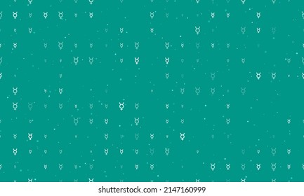 Seamless background pattern of evenly spaced white astrological mercury symbols of different sizes and opacity. Vector illustration on teal background with stars