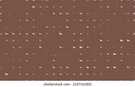 Seamless background pattern of evenly spaced white sleigh symbols of different sizes and opacity. Vector illustration on brown background with stars