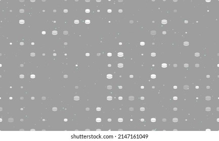 Seamless background pattern of evenly spaced white hockey pucks of different sizes and opacity. Vector illustration on gray background with stars
