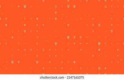 Seamless background pattern of evenly spaced white astrological uranus symbols of different sizes and opacity. Vector illustration on deep orange background with stars