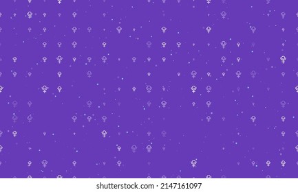Seamless background pattern of evenly spaced white astrological pluto symbols of different sizes and opacity. Vector illustration on deep purple background with stars
