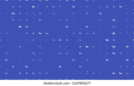 Seamless background pattern of evenly spaced white sleigh symbols of different sizes and opacity. Vector illustration on indigo background with stars