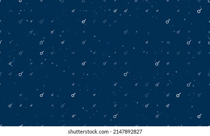 Seamless background pattern of evenly spaced white astrological connection symbols of different sizes and opacity. Vector illustration on dark blue background with stars
