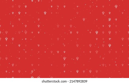 Seamless background pattern of evenly spaced white astrological pluto symbols of different sizes and opacity. Vector illustration on red background with stars