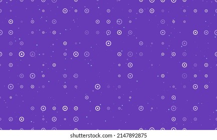 Seamless background pattern of evenly spaced white astrological sun symbols of different sizes and opacity. Vector illustration on deep purple background with stars