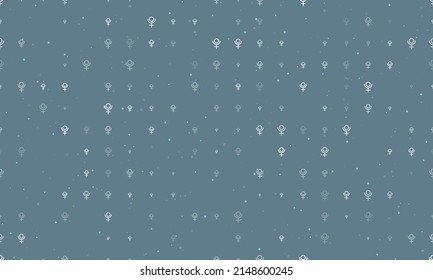 Seamless background pattern of evenly spaced white astrological pluto symbols of different sizes and opacity. Vector illustration on blue gray background with stars
