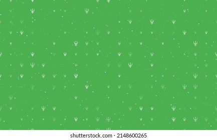 Seamless background pattern of evenly spaced white astrological neptune symbols of different sizes and opacity. Vector illustration on green background with stars