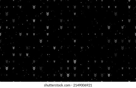 Seamless background pattern of evenly spaced white astrological uranus symbols of different sizes and opacity. Vector illustration on black background with stars