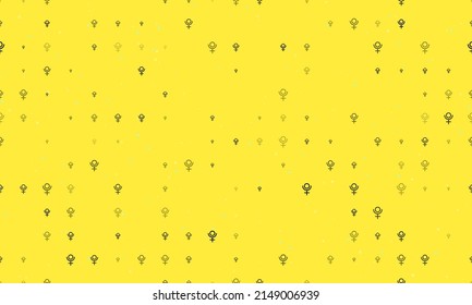 Seamless background pattern of evenly spaced black astrological pluto symbols of different sizes and opacity. Vector illustration on yellow background with stars