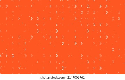 Seamless background pattern of evenly spaced white moon astrological symbols of different sizes and opacity. Vector illustration on deep orange background with stars