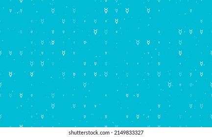 Seamless background pattern of evenly spaced white astrological mercury symbols of different sizes and opacity. Vector illustration on cyan background with stars