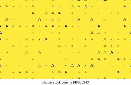Seamless background pattern of evenly spaced black Christmas deers of different sizes and opacity. Vector illustration on yellow background with stars