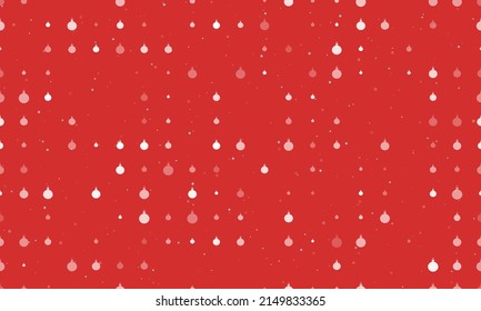Seamless background pattern of evenly spaced white Christmas tree toys of different sizes and opacity. Vector illustration on red background with stars