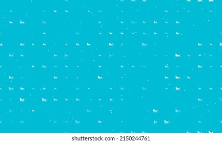 Seamless background pattern of evenly spaced white sleigh symbols of different sizes and opacity. Vector illustration on cyan background with stars