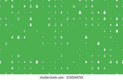 Seamless background pattern of evenly spaced white Christmas snowmans of different sizes and opacity. Vector illustration on green background with stars
