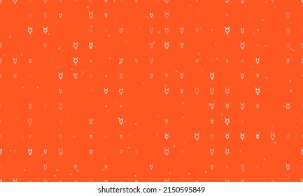 Seamless background pattern of evenly spaced white astrological mercury symbols of different sizes and opacity. Vector illustration on deep orange background with stars