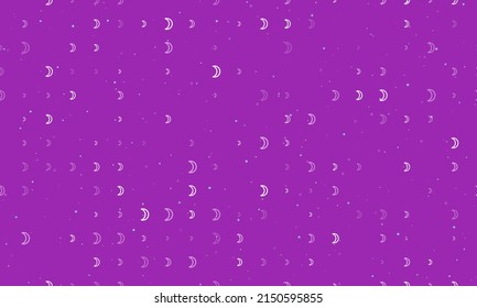 Seamless background pattern of evenly spaced white moon astrological symbols of different sizes and opacity. Vector illustration on purple background with stars