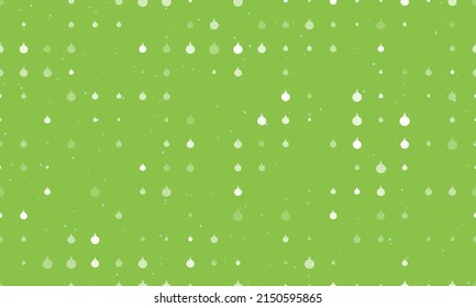 Seamless background pattern of evenly spaced white Christmas tree toys of different sizes and opacity. Vector illustration on light green background with stars