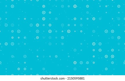 Seamless background pattern of evenly spaced white astrological sun symbols of different sizes and opacity. Vector illustration on cyan background with stars