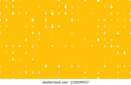 Seamless background pattern of evenly spaced white Christmas snowmans of different sizes and opacity. Vector illustration on amber background with stars