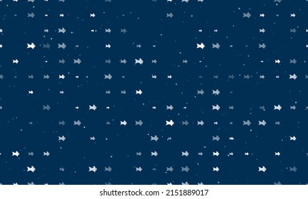 Patrón de fondo sin foco de símbolos de peces dorados blancos de diferente tamaño y opacidad. Ilustración vectorial sobre fondo azul oscuro con estrellas