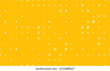 Seamless background pattern of evenly spaced white bank symbols of different sizes and opacity. Vector illustration on amber background with stars