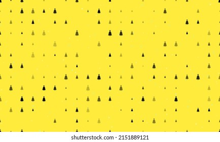 Seamless background pattern of evenly spaced black Christmas trees of different sizes and opacity. Vector illustration on yellow background with stars