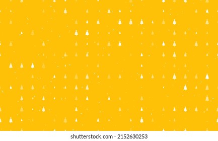 Seamless background pattern of evenly spaced white Christmas trees of different sizes and opacity. Vector illustration on amber background with stars