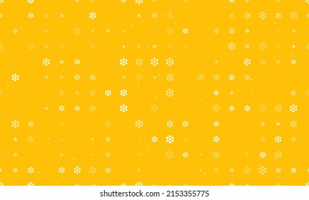 Seamless background pattern of evenly spaced white hive symbols of different sizes and opacity. Vector illustration on amber background with stars