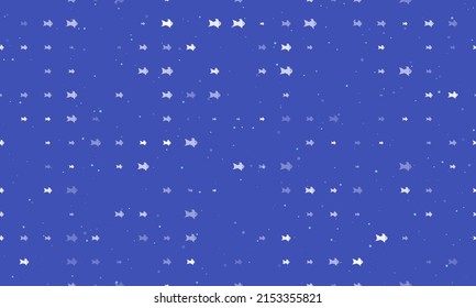 Seamless background pattern of evenly spaced white gold fish symbols of different sizes and opacity. Vector illustration on indigo background with stars