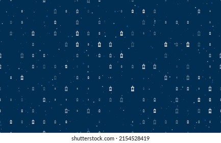 Seamless background pattern of evenly spaced white Christmas lanterns of different sizes and opacity. Vector illustration on dark blue background with stars