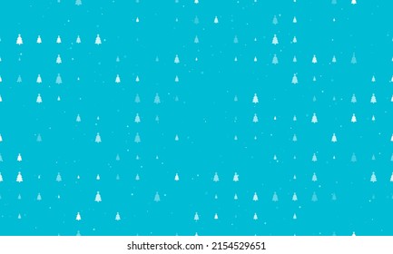 Seamless background pattern of evenly spaced white Christmas trees of different sizes and opacity. Vector illustration on cyan background with stars