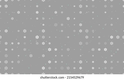 Seamless background pattern of evenly spaced white hive symbols of different sizes and opacity. Vector illustration on gray background with stars