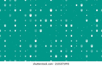 Seamless background pattern of evenly spaced white sports weight symbols of different sizes and opacity. Vector illustration on teal background with stars
