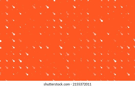 Seamless background pattern of evenly spaced white chicken's leg symbols of different sizes and opacity. Vector illustration on deep orange background with stars