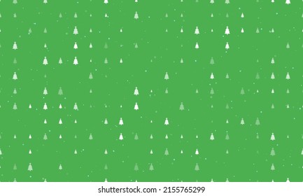 Seamless background pattern of evenly spaced white Christmas trees of different sizes and opacity. Vector illustration on green background with stars