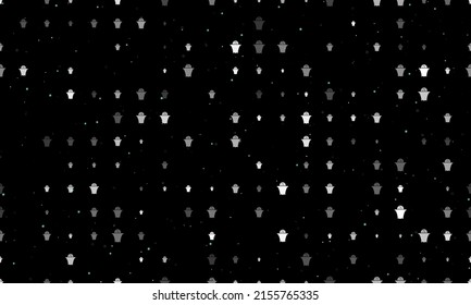 Seamless background pattern of evenly spaced white basketball symbols of different sizes and opacity. Vector illustration on black background with stars