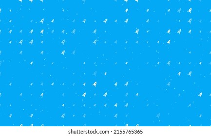 Seamless background pattern of evenly spaced white rocket symbols of different sizes and opacity. Vector illustration on light blue background with stars
