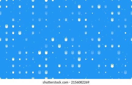 Seamless background pattern of evenly spaced white sports weight symbols of different sizes and opacity. Vector illustration on blue background with stars