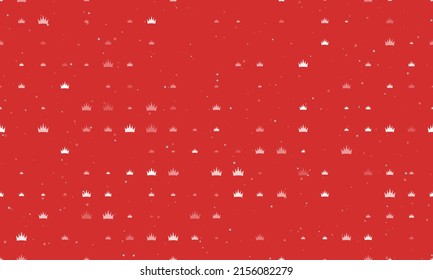 Seamless background pattern of evenly spaced white crown symbols of different sizes and opacity. Vector illustration on red background with stars