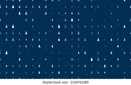 Seamless background pattern of evenly spaced white Christmas trees of different sizes and opacity. Vector illustration on dark blue background with stars