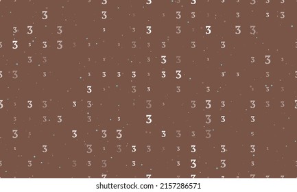 Seamless background pattern of evenly spaced white number three symbols of different sizes and opacity. Vector illustration on brown background with stars