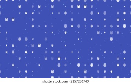 Seamless background pattern of evenly spaced white sports weight symbols of different sizes and opacity. Vector illustration on indigo background with stars
