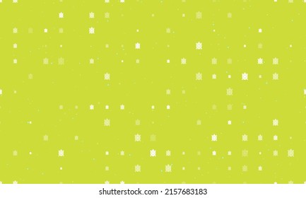 Seamless background pattern of evenly spaced white turtle symbols of different sizes and opacity. Vector illustration on lime background with stars