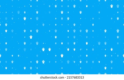 Seamless background pattern of evenly spaced white basketball symbols of different sizes and opacity. Vector illustration on light blue background with stars