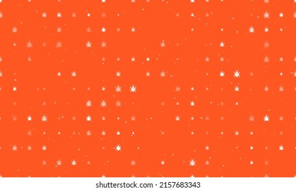Seamless background pattern of evenly spaced white bug symbols of different sizes and opacity. Vector illustration on deep orange background with stars